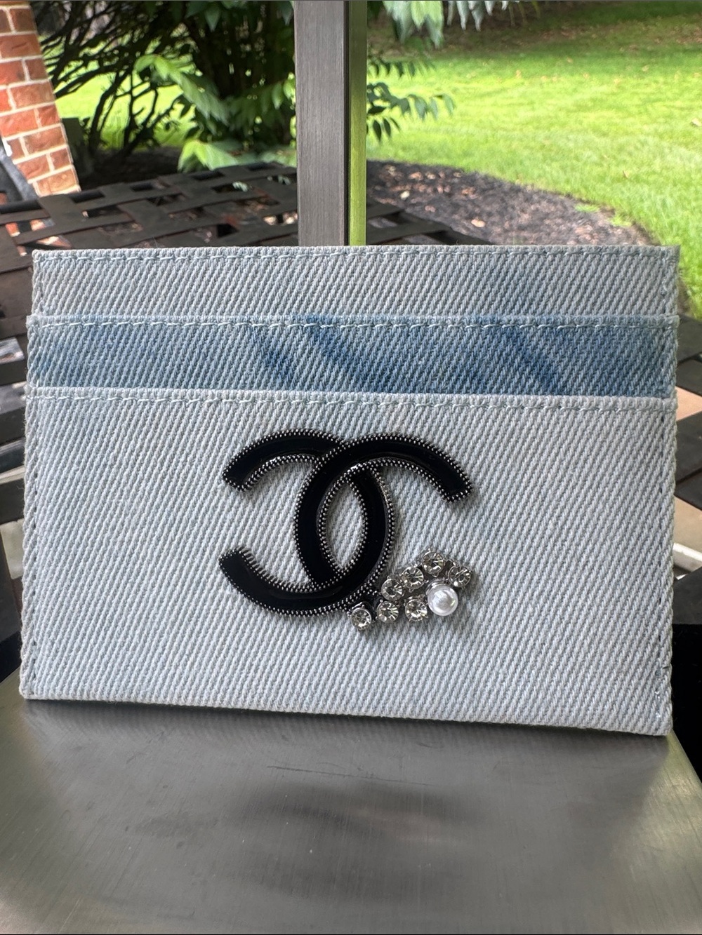Card holder  Light Blue Denim Card Holder with CC Crystal Accent
